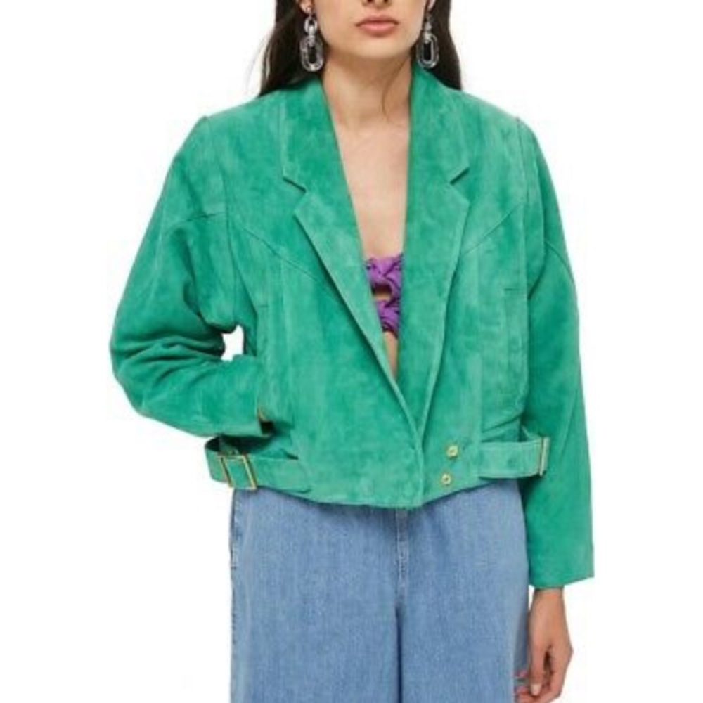 Hawkes Vintage Retro Leather Suede Jacket GREEN Verdigris Gold - TOPSHOP - NWT
